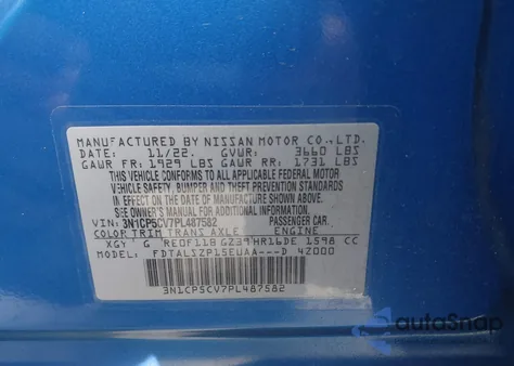 2023 Nissan Kicks Sv Xtronic Cvt из США, поврежденный, VIN 3N1CP5CV7PL487582